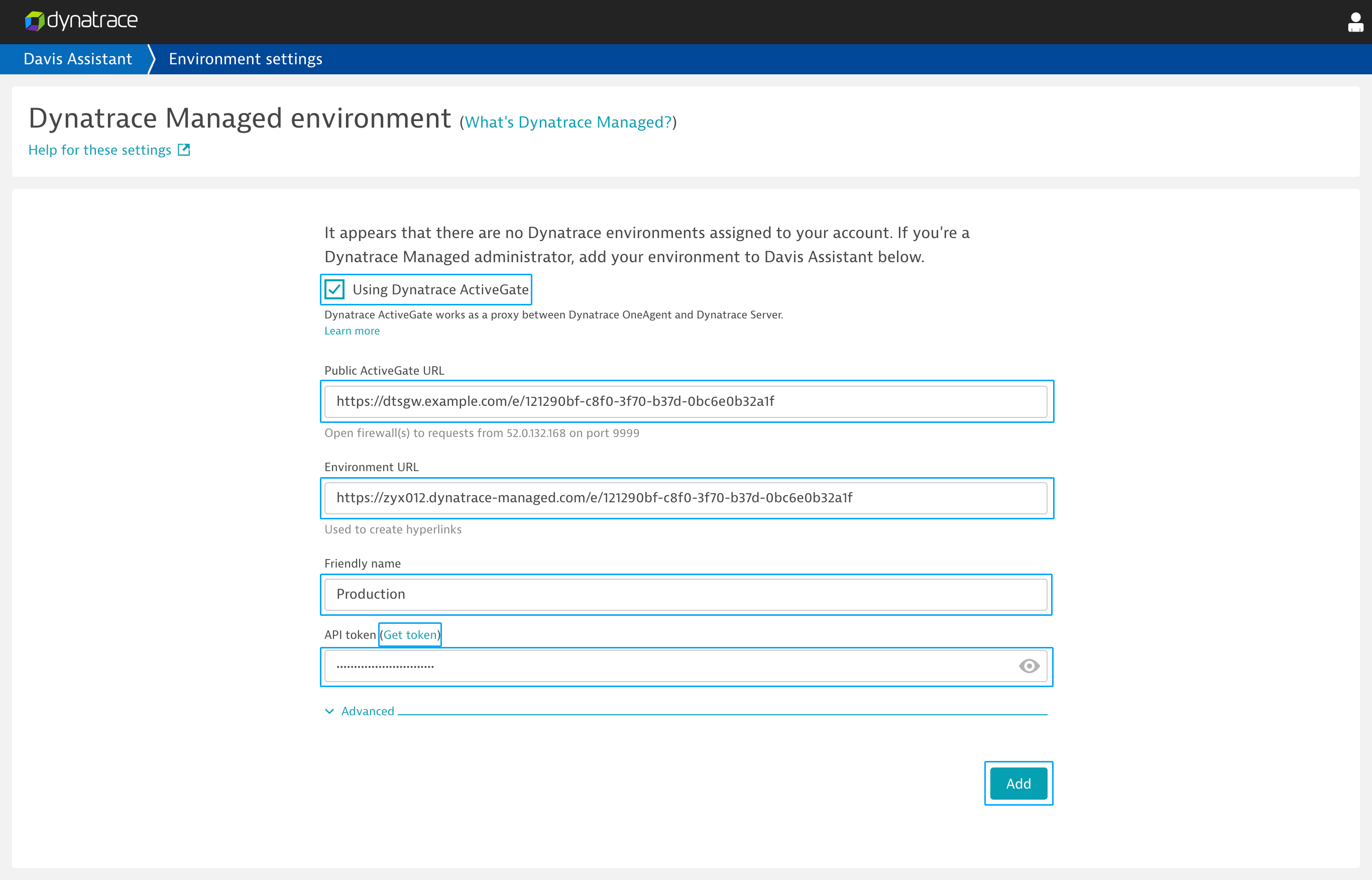 Add a managed environment to Davis Assistant