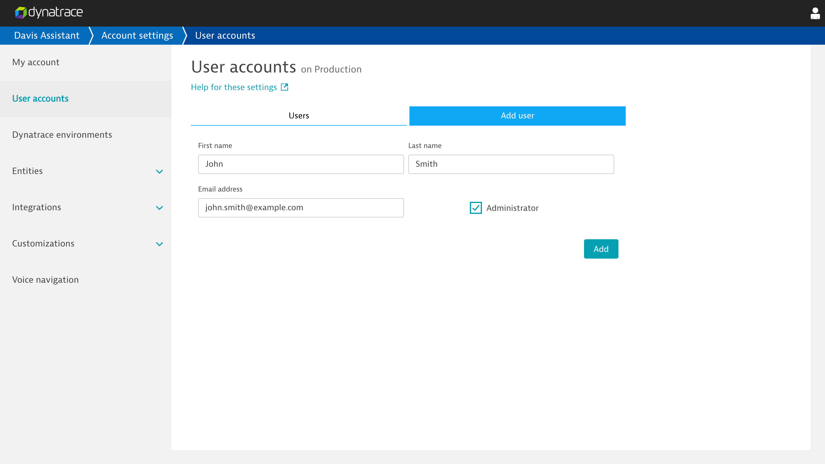 Add a user account to Davis Assistant