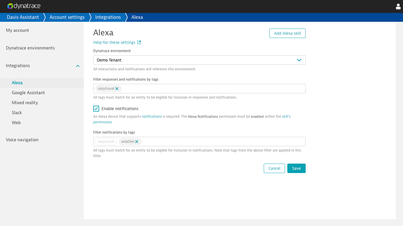 Davis Assistant Alexa skill settings