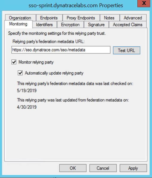 AD FS - Relying party's federation metadata URL