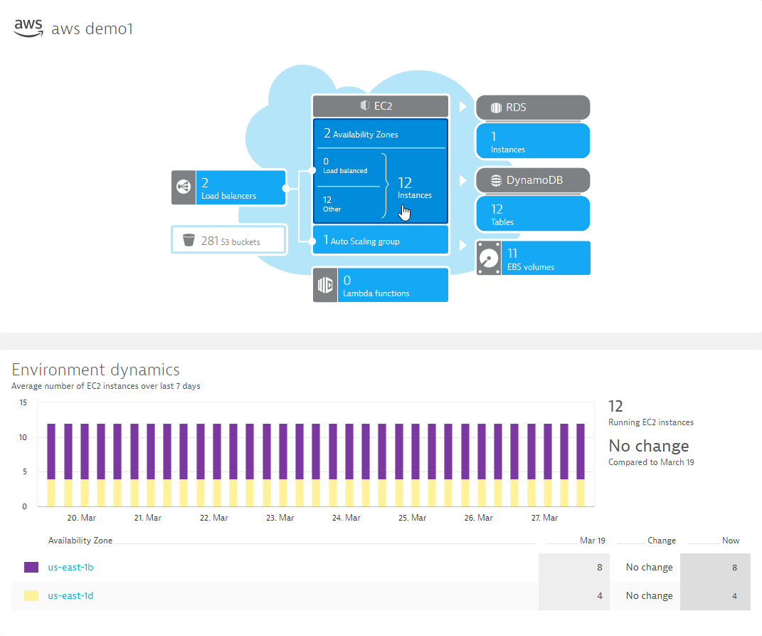 The Environment dynamics section shows you daily totals of EC2 instances 