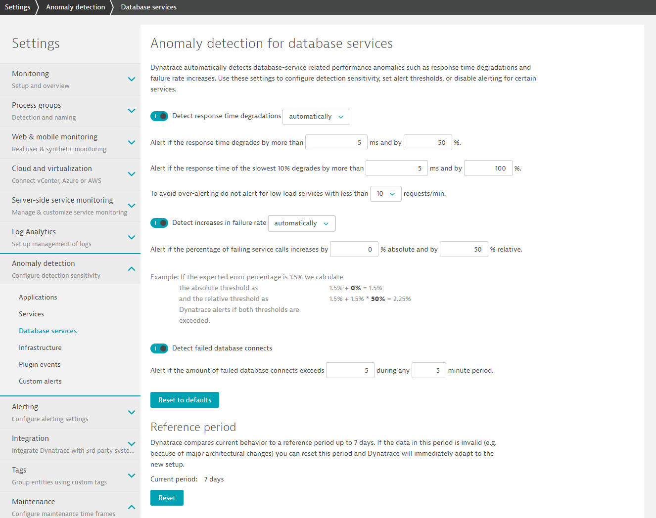 Anomaly detection - database services