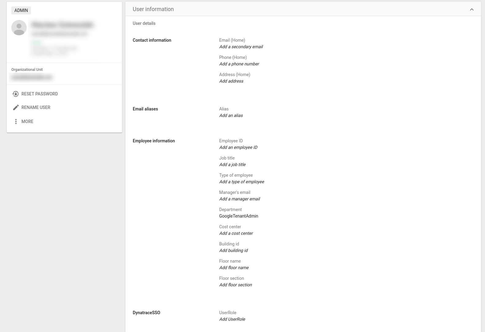 GSuite: User information screen