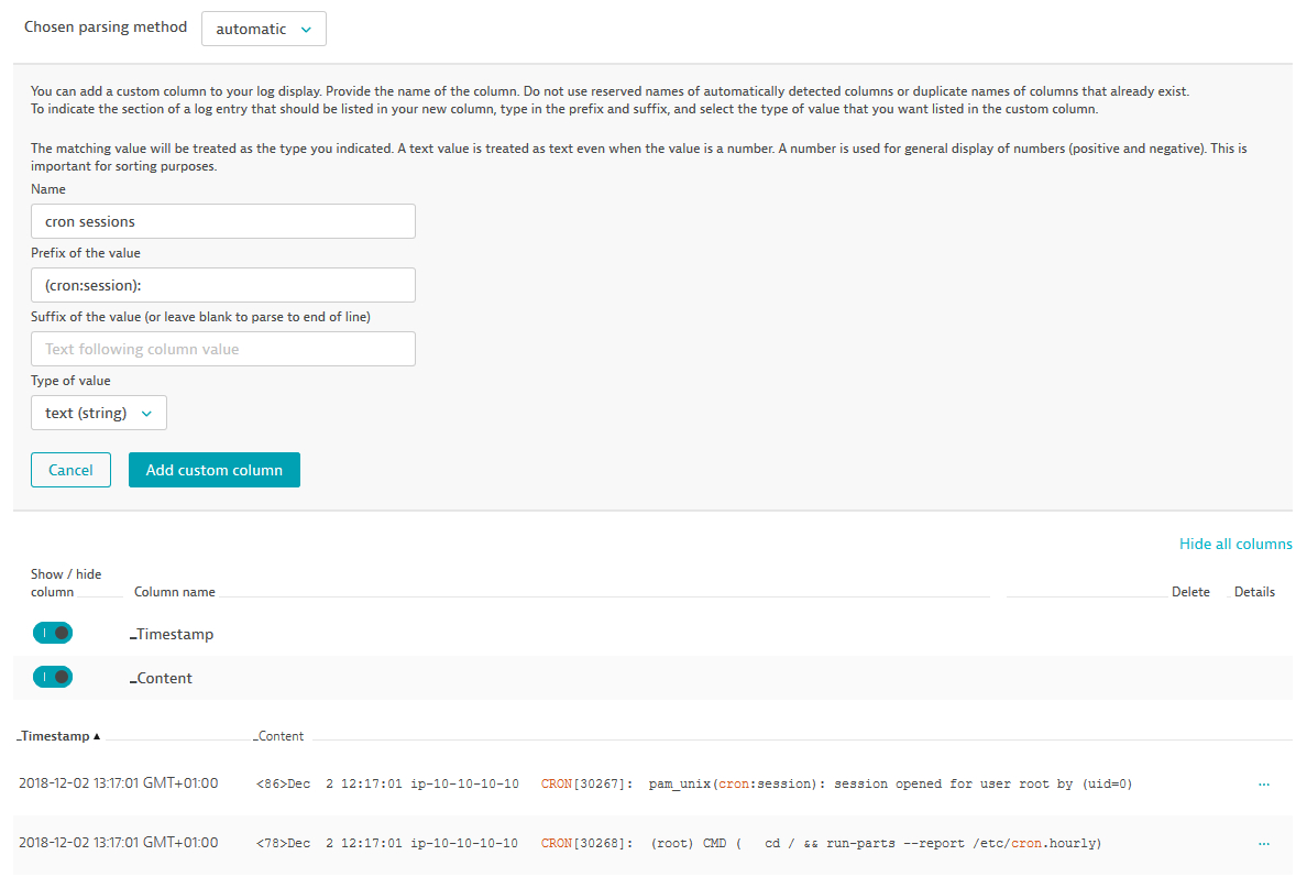 Log Monitoring adding custom column example step 3