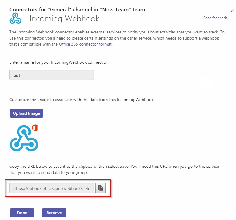 Microsoft Teams Incoming Webhook integration screen