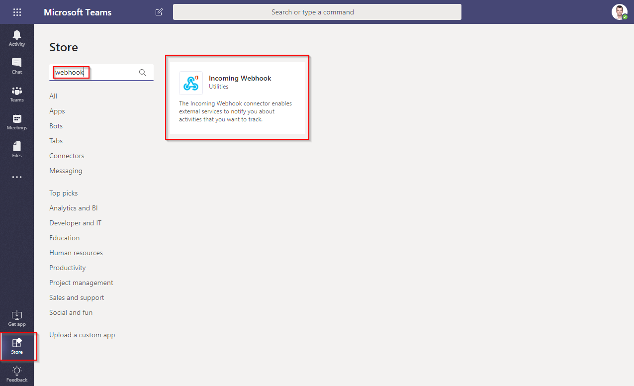 Microsoft Teams search for Incoming Webhook