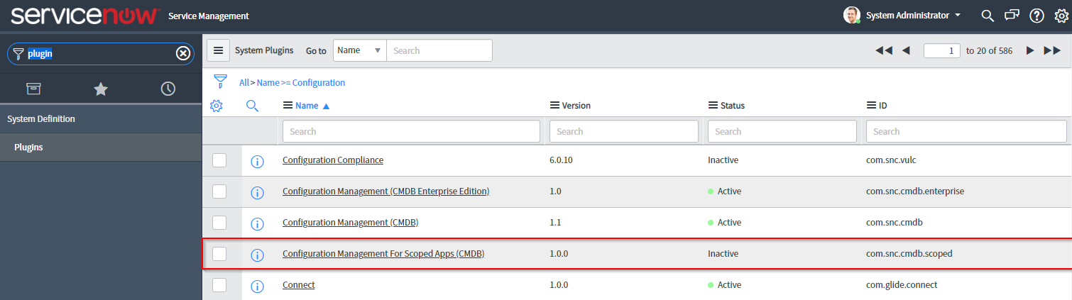 ServiceNow how to enable 'Configuration Management for Scoped Applications' plugin