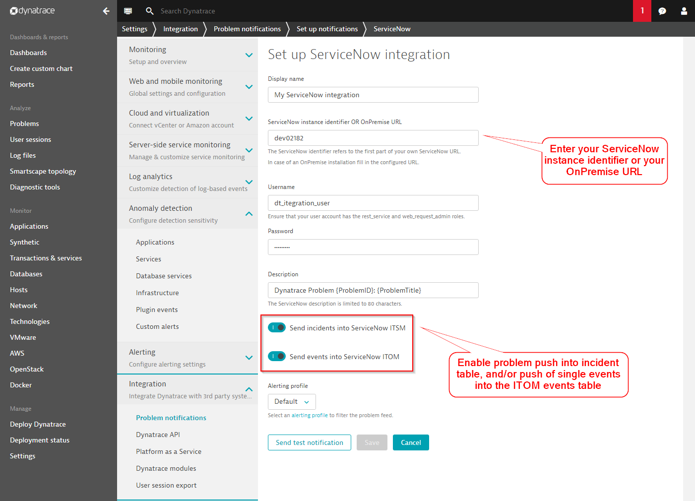 Set up ServiceNow integration page