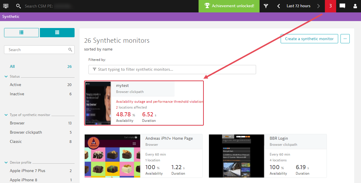 Synthetic dashboard problems